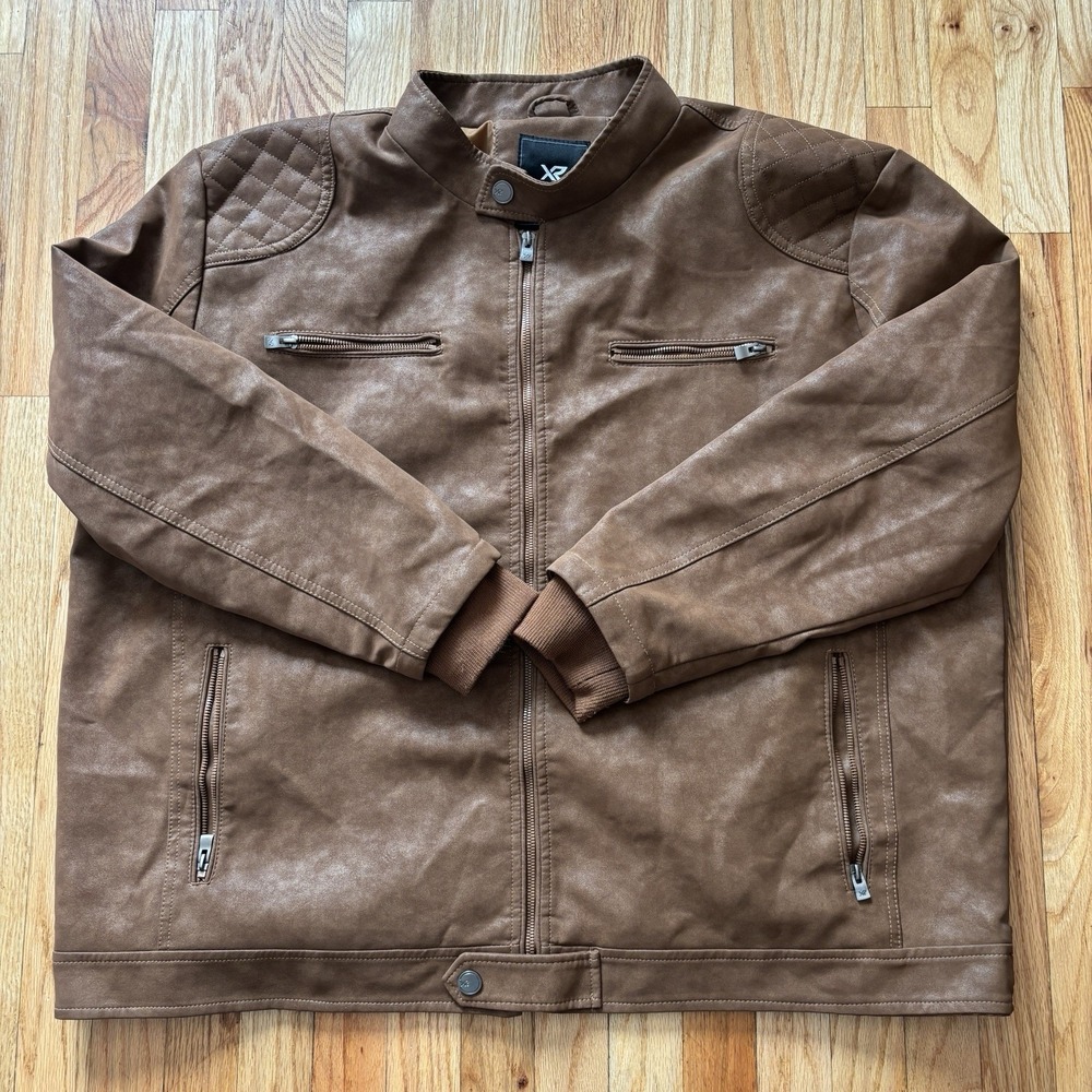 XRAY Jeans Men's 4XL Brown Faux Leather Moto Jacket Quilted Shoulders Biker Zip